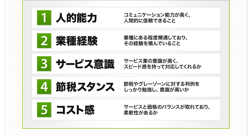 1.人的能力 2.業種経験 3.サービス意識 4.節税スタンス 5.コスト感