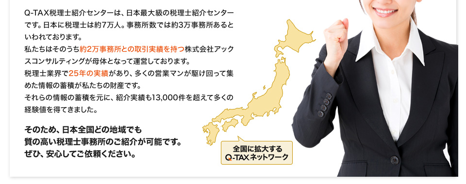 Ｑ－ＴＡＸ税理士紹介センターは、日本最大級の税理士紹介センターです。日本に税理士は約7万人。事務所数では約3万事務所あるといわれております。私たちはそのうち約2万事務所との取引実績を持つ株式会社アックスコンサルティングが母体となって運営しております。税理士業界で27年の実績があり、多くの営業マンが駆け回って集めた情報の蓄積が私たちの財産です。それらの情報の蓄積を元に、紹介実績も15,000件を超えて多くの経験値を得てきました。そのため、日本全国どの地域でも質の高い税理士事務所のご紹介が可能です。ぜひ、安心してご依頼ください。